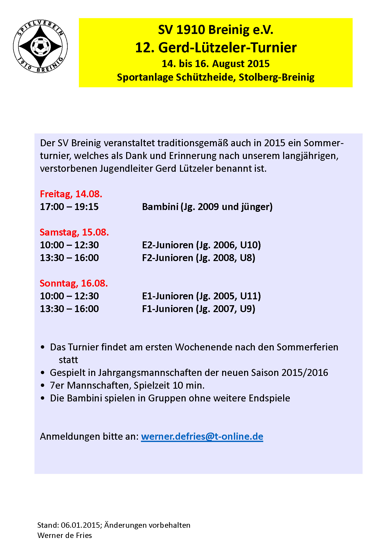 Einladung zum Gerd-Lützeler-Turnier des SV Breinig 2015